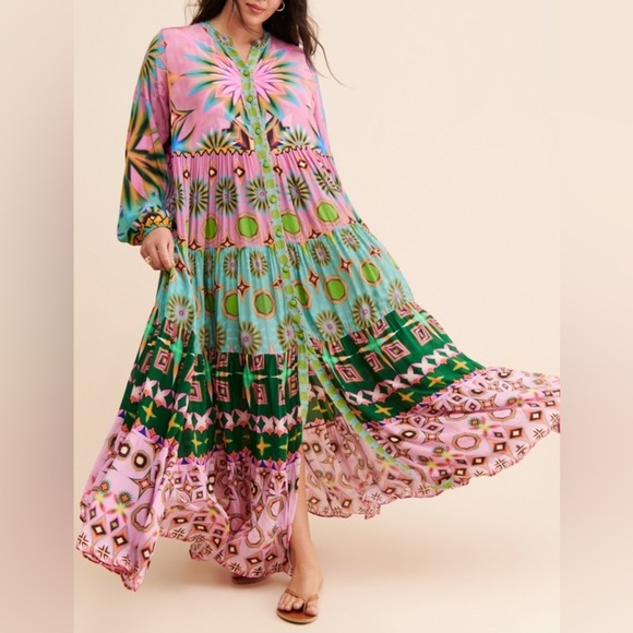 Siddhartha Bansal x Anthropologie Mixed Print Button Front Maxi Dress Size S - Picture 3 of 15